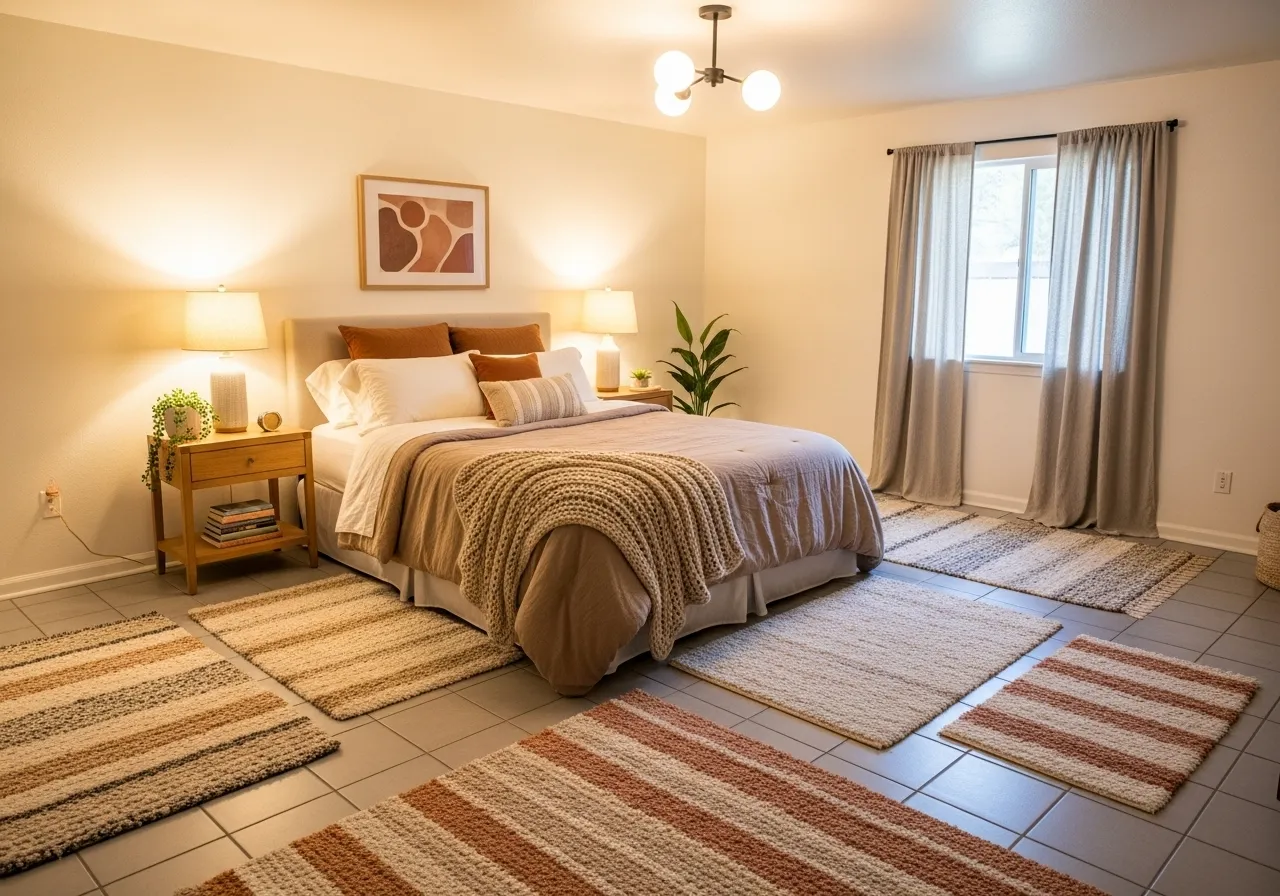 Budget-friendly bedroom-with-tile-floor styled to look modern and cozy