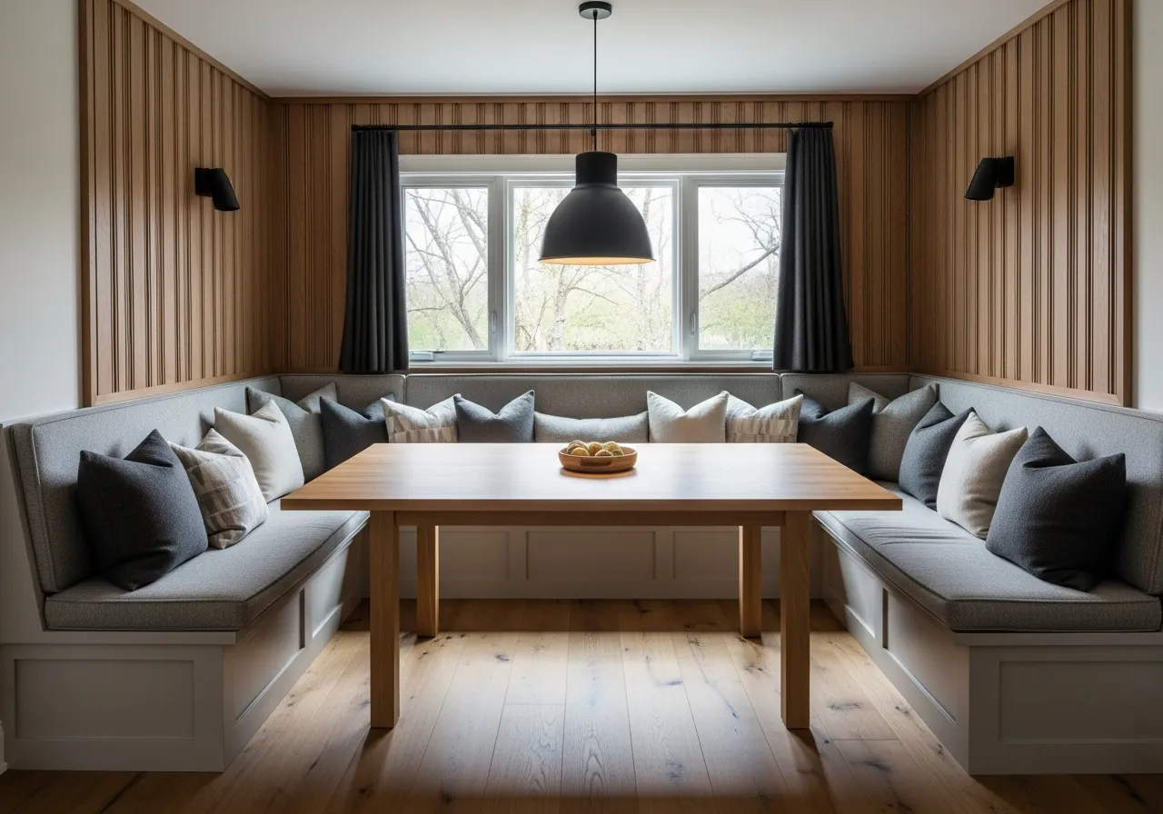 Built-in bench dining table with bench seating in a cozy dining nook