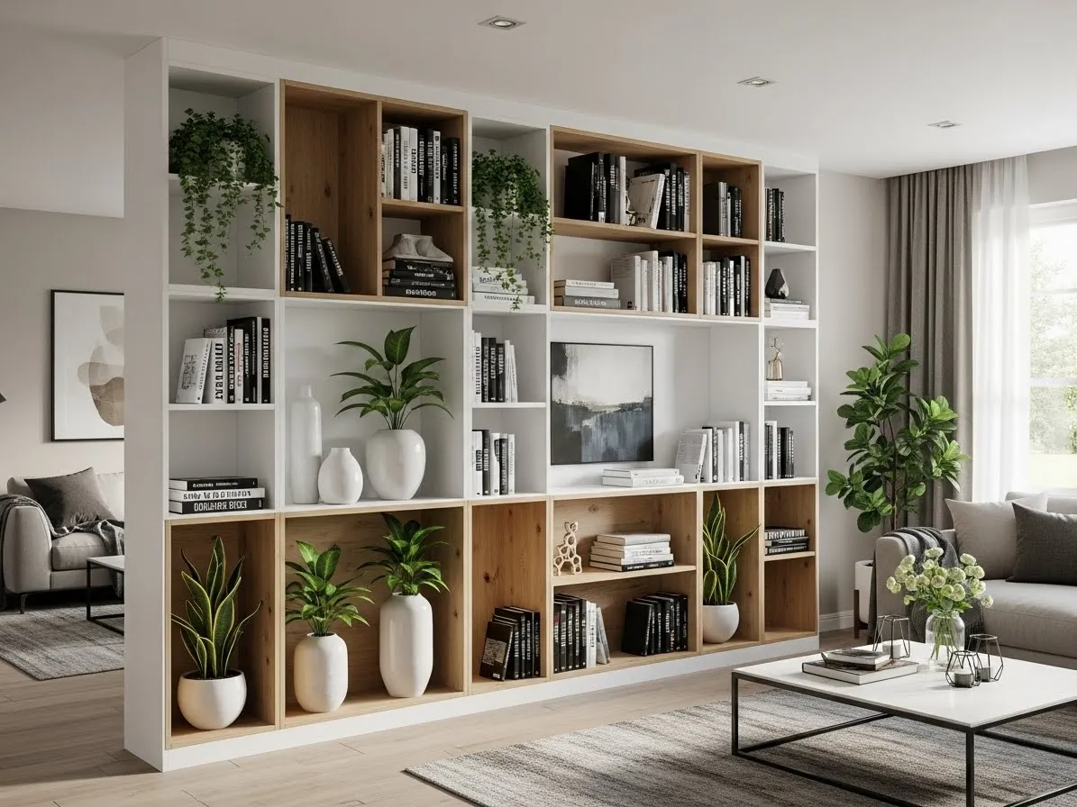 Full-height bookcase used as a stylish and functional room partition