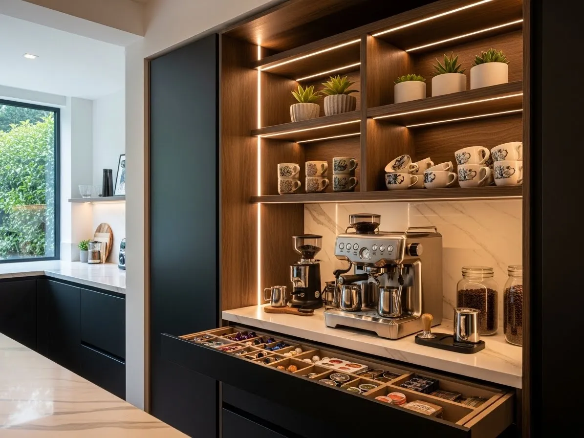 Built-in coffee bar cabinet with modern kitchen design