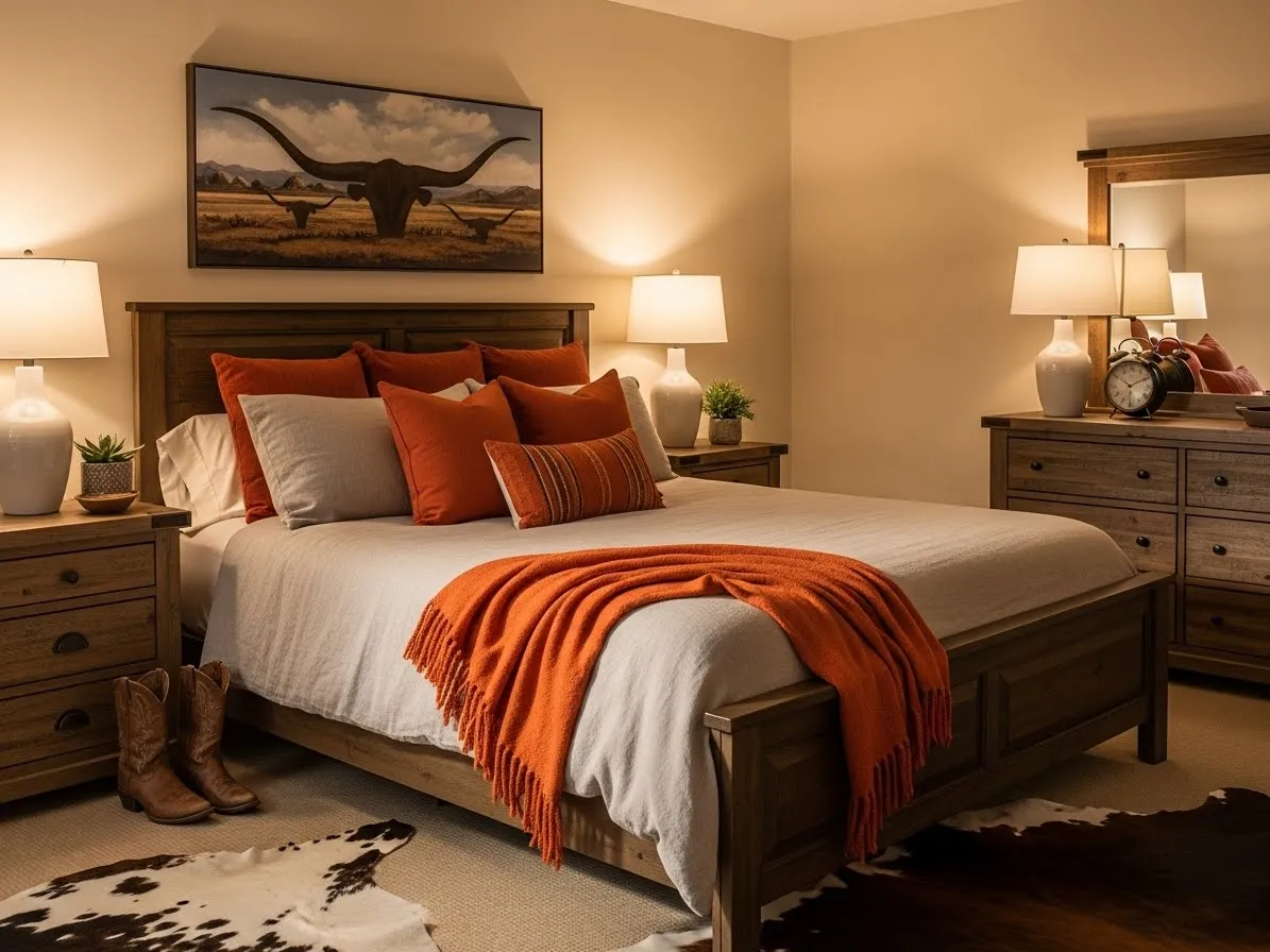 Western bedroom featuring burnt orange accents and warm rustic decor.