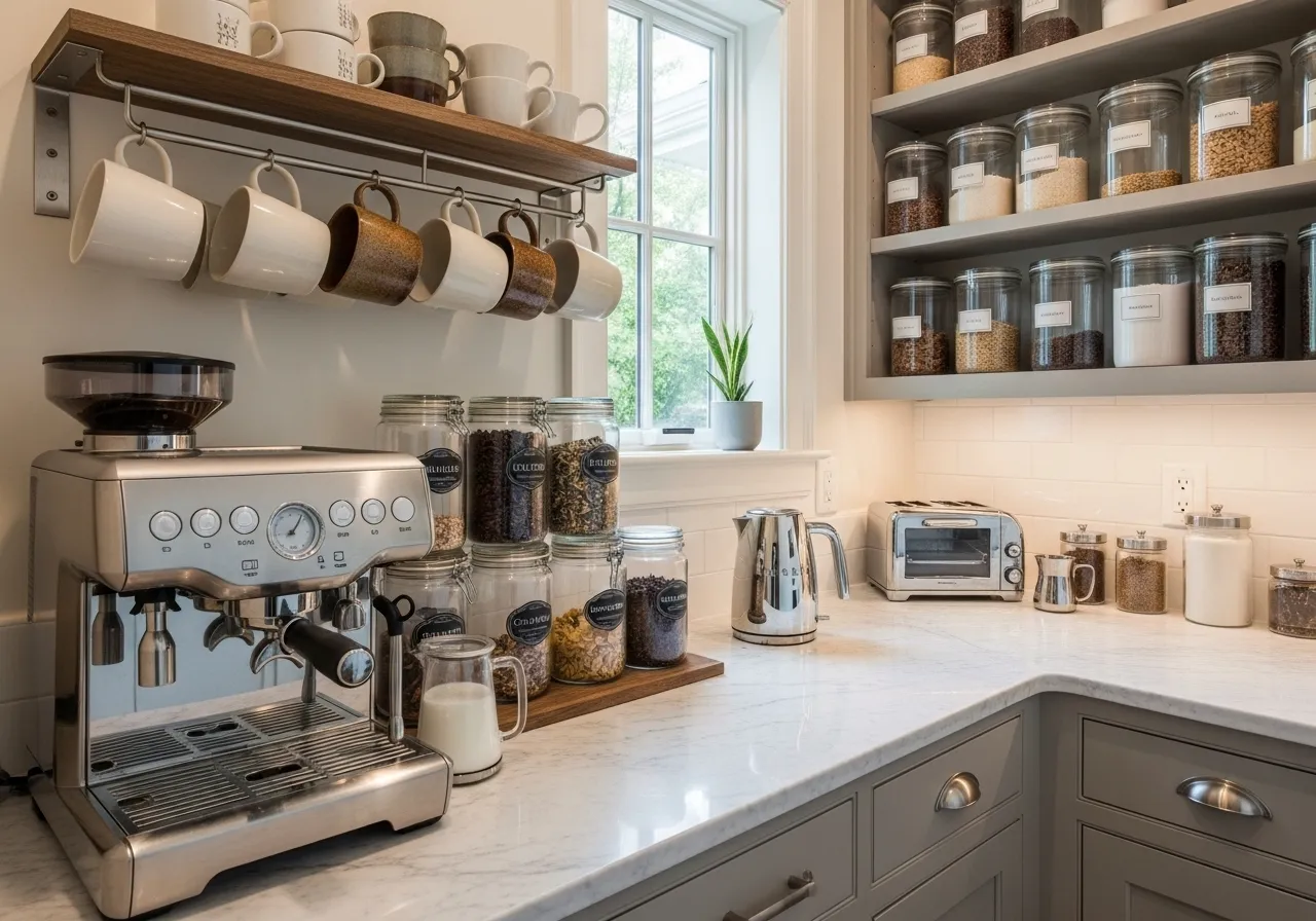 Butler’s pantry coffee and tea station organized