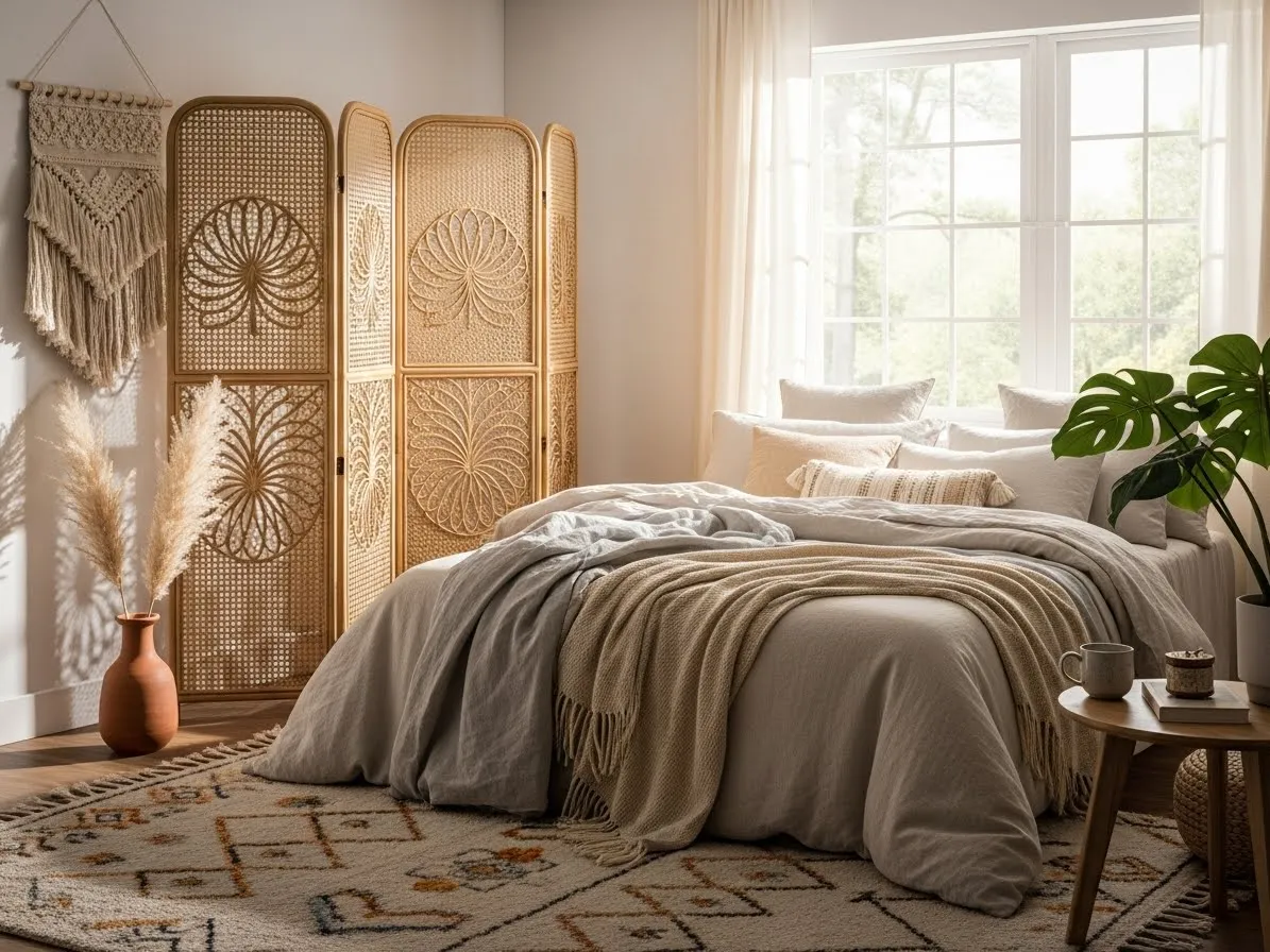 Boho bedroom with cane mesh folding screen partition adding texture and warmth