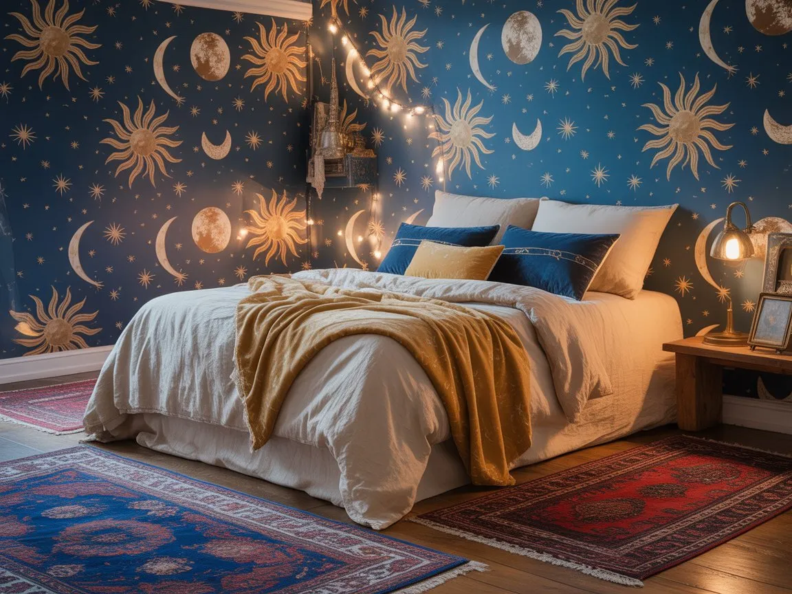 Boho bedroom with celestial wallpaper featuring stars and moons