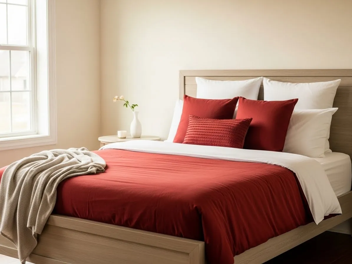 “Cherry red bedding in a neutral bedroom adding warmth and bold color to the space”