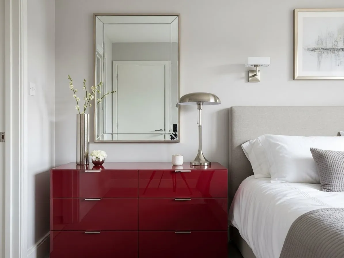 “Cherry red bedroom furniture adding a bold accent to a neutral and modern space”