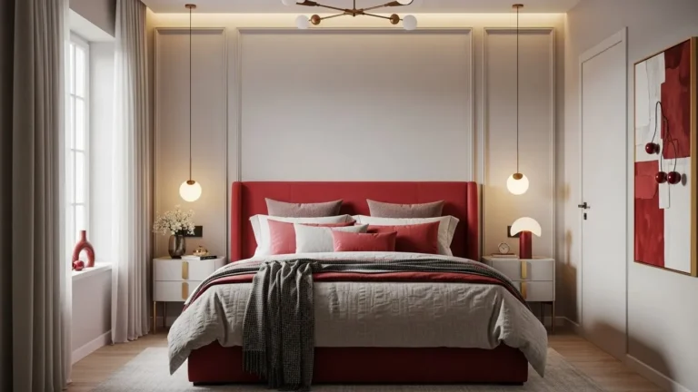 “Cherry red bedroom ideas featuring bold red accents, neutral tones, and cozy modern decor”