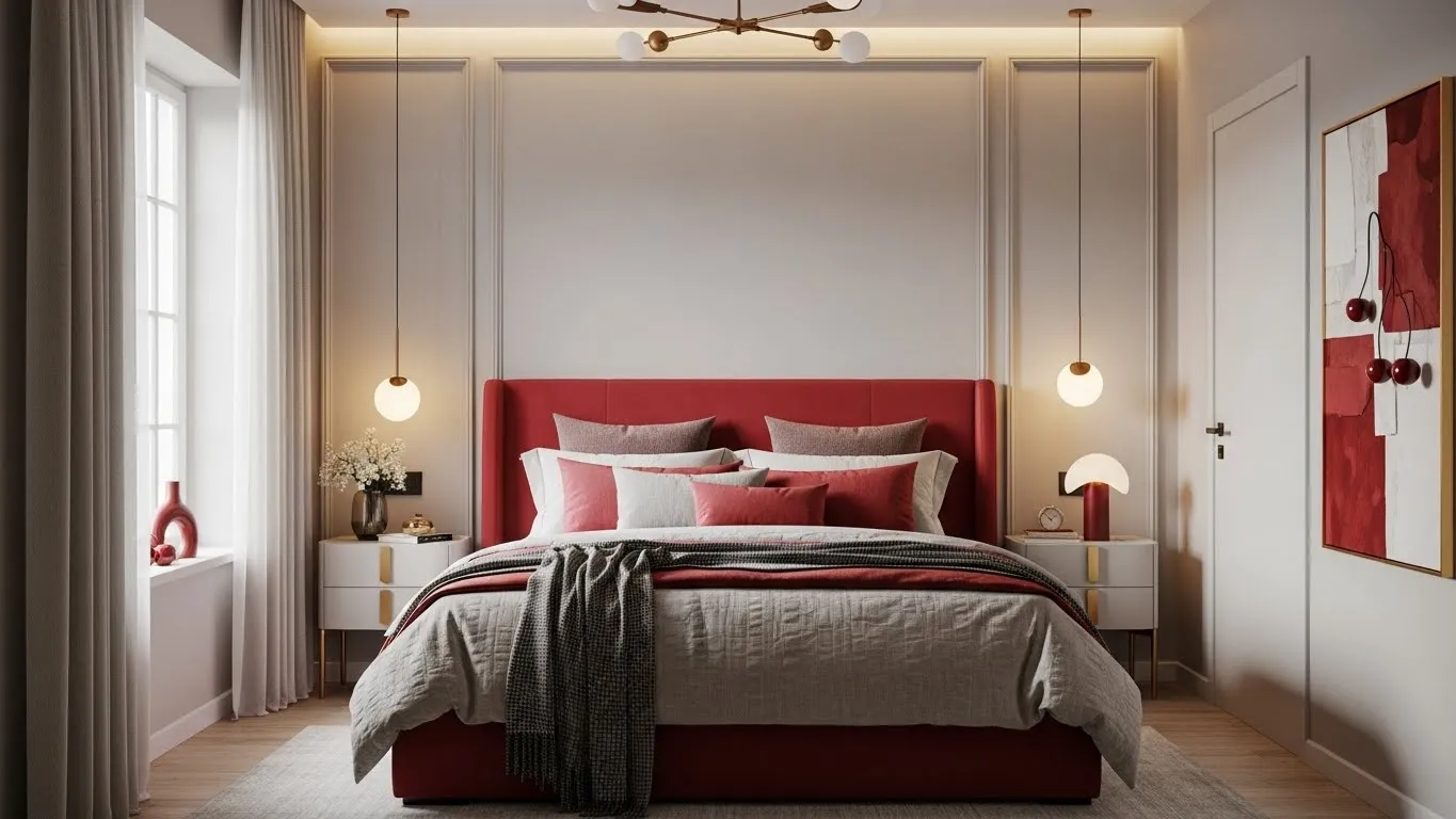 “Cherry red bedroom ideas featuring bold red accents, neutral tones, and cozy modern decor”