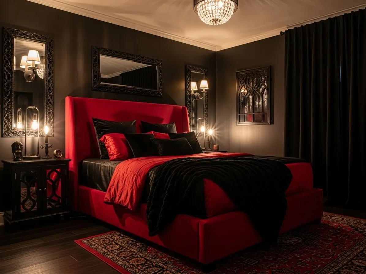 “Cherry red and black bedroom with bold red bedding, dark walls, and dramatic lighting for a moody, stylish interior”