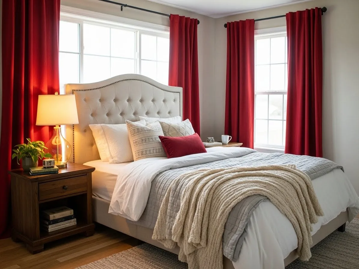 “Cherry red curtains framing bedroom windows and adding warmth and dramatic style”