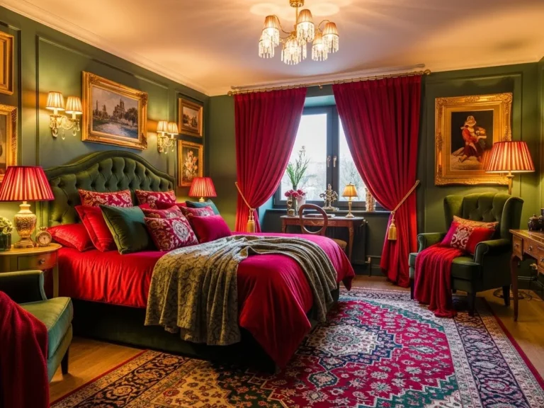 “Cherry red and dark green bedroom featuring rich colors, soft textures, and a warm luxurious feel”