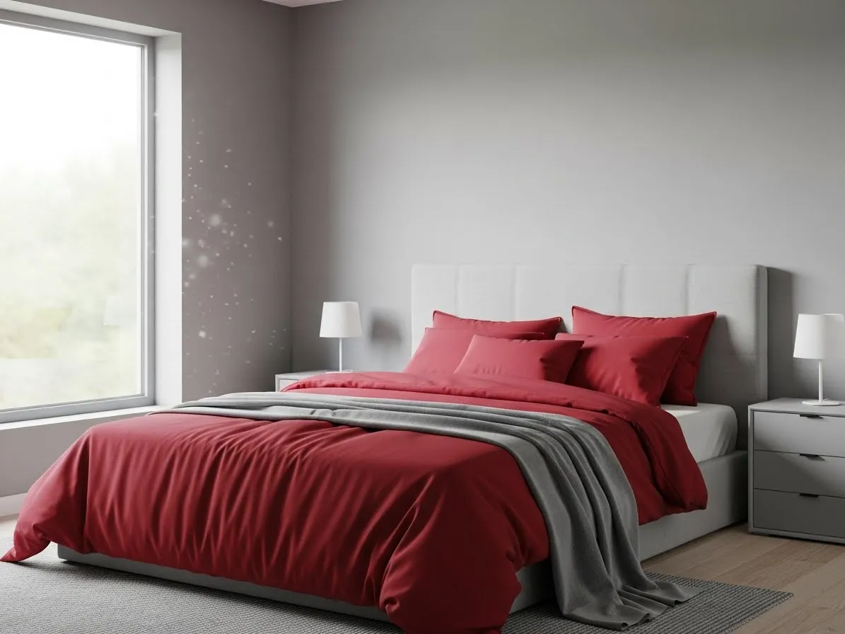“Cherry red and grey bedroom design with neutral walls and bold red bedding for a modern balanced look”