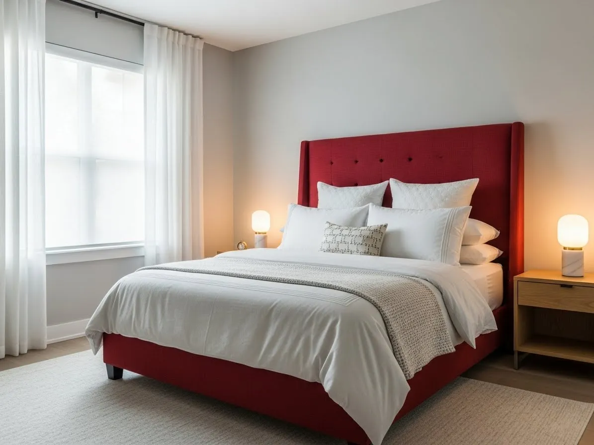 “Cherry red upholstered headboard serving as a bold statement piece in a stylish bedroom”