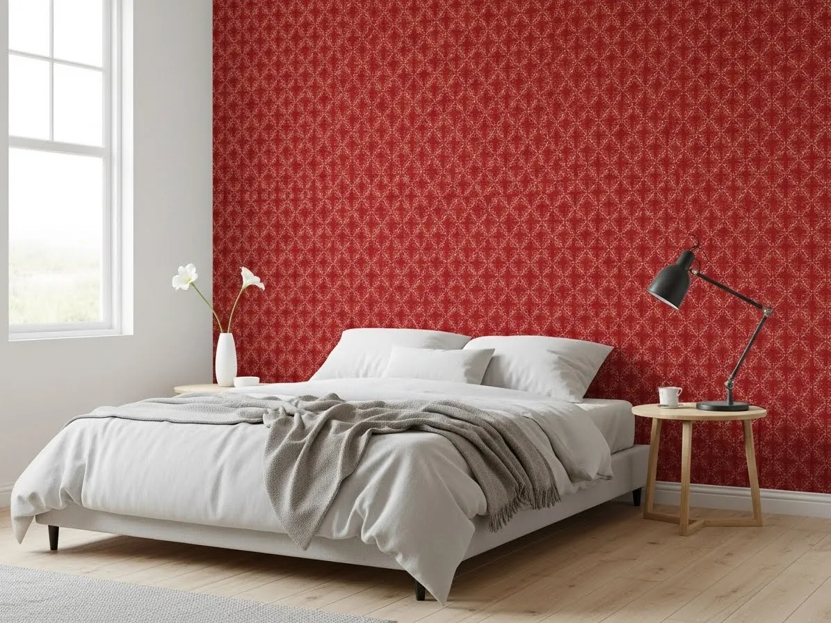 Cherry red feature wall bedroom creating a bold focal point with neutral furniture and cozy decor