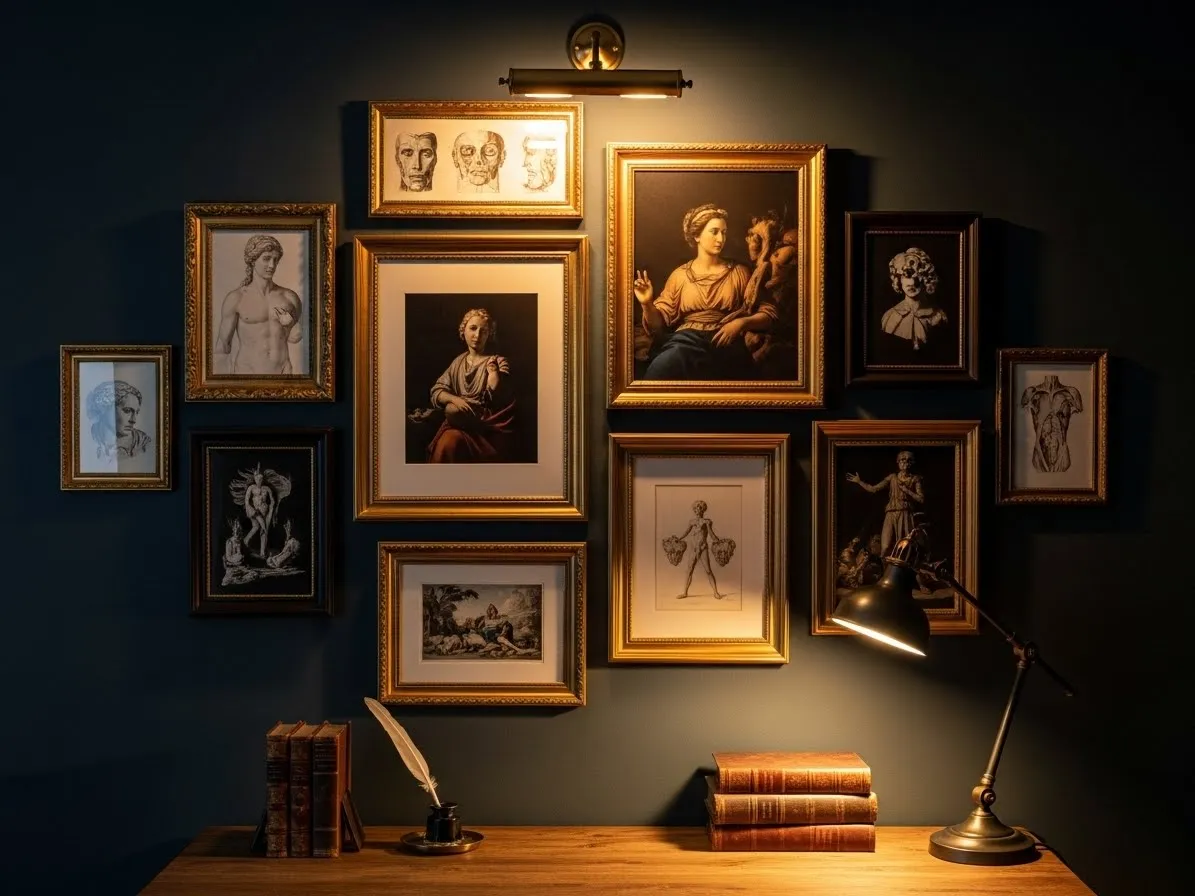 Classic artwork and framed prints decorating a dark academia bedroom