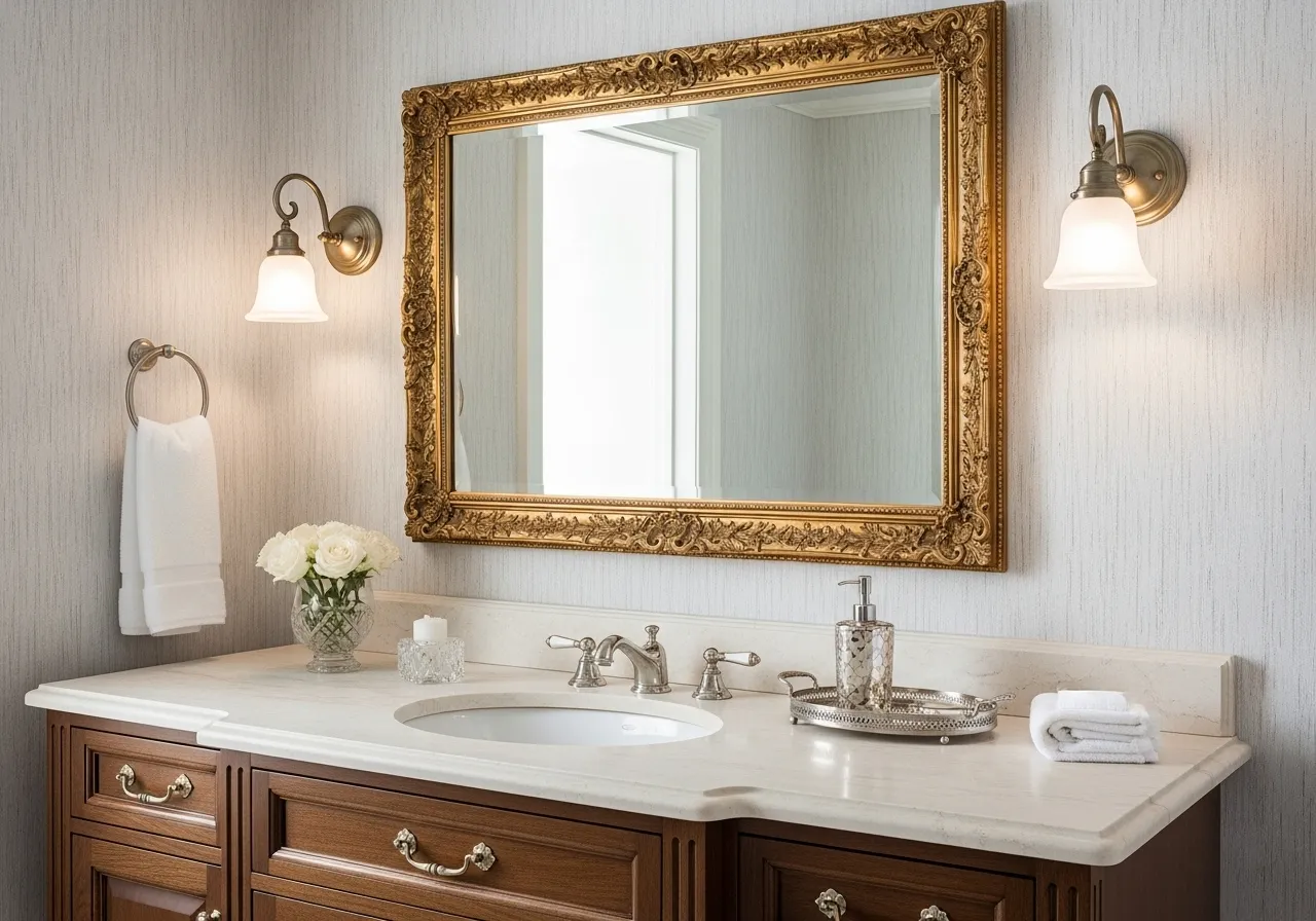 Classic bathroom ideas featuring a beveled mirror with decorative frame