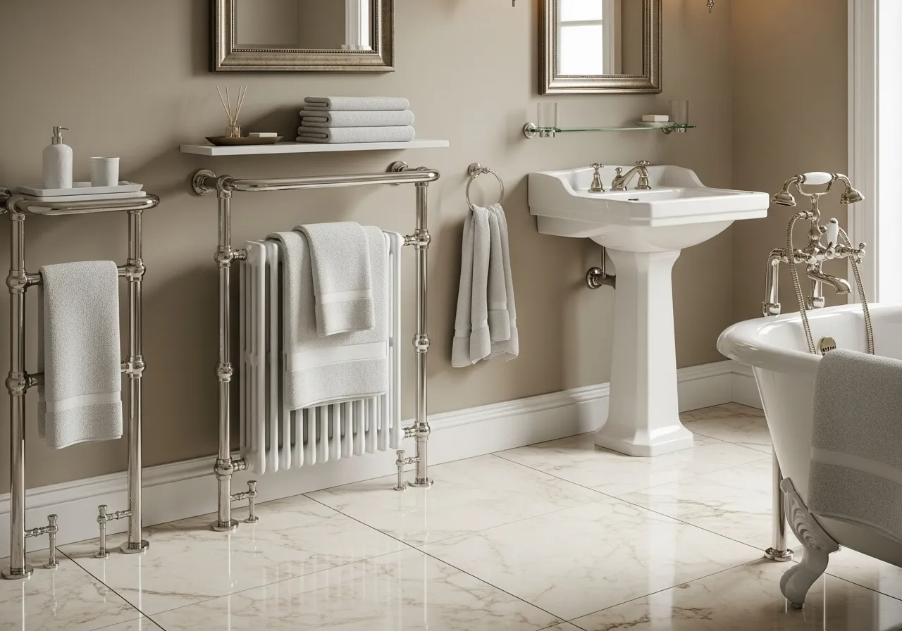 Classic bathroom ideas with cast iron radiator or heated towel rail
