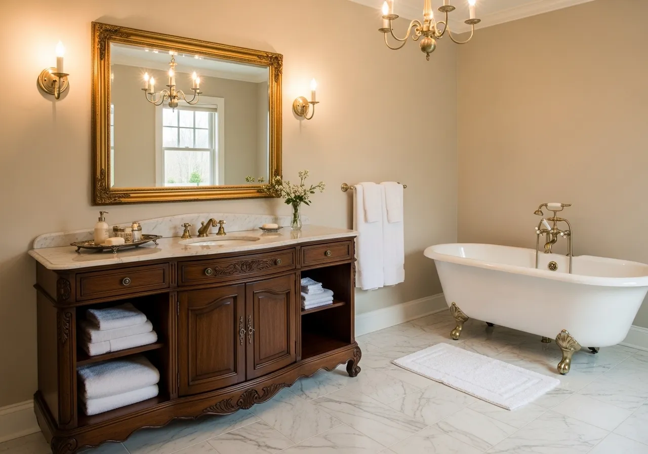 Classic bathroom ideas with a freestanding wooden storage cabinet