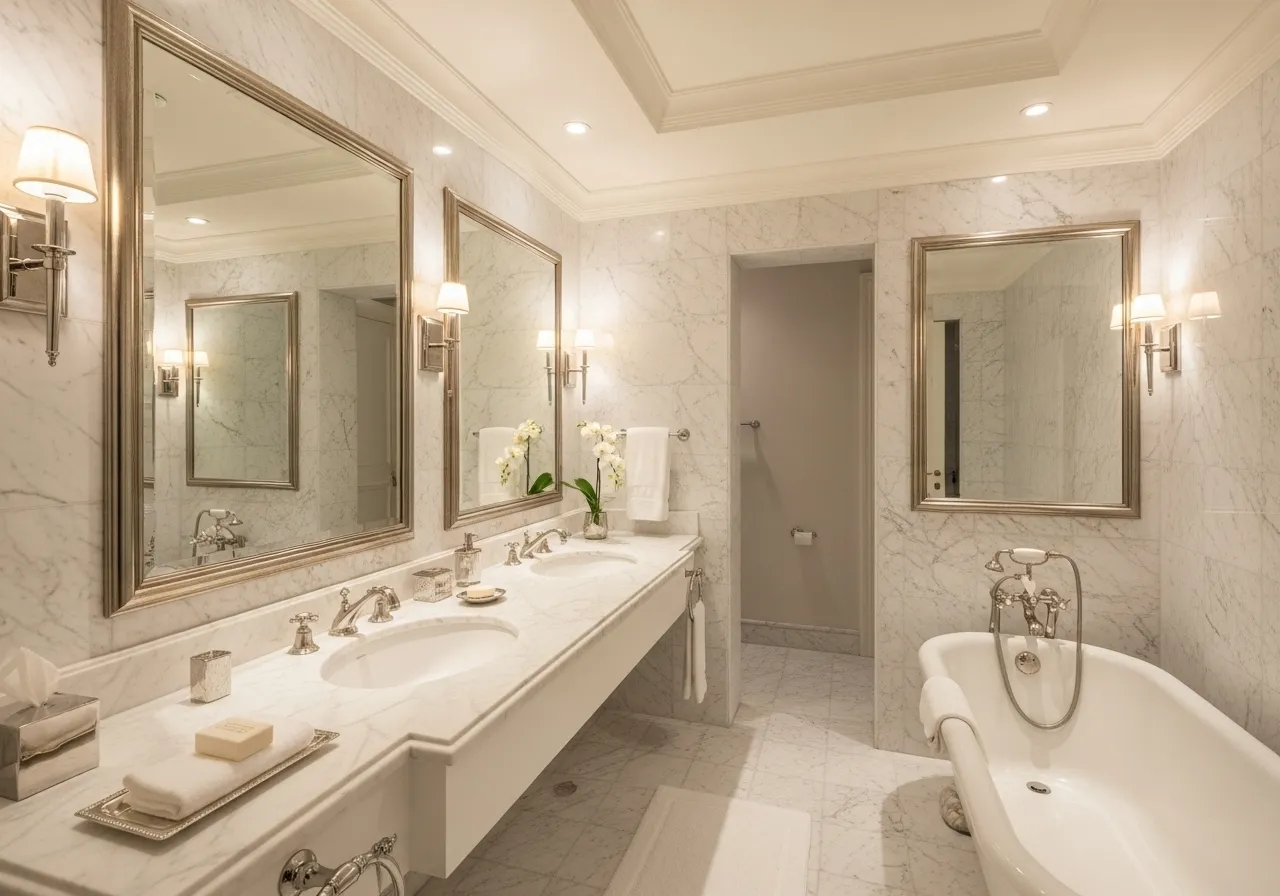 Classic bathroom ideas with elegant marble walls and timeless luxury finishes