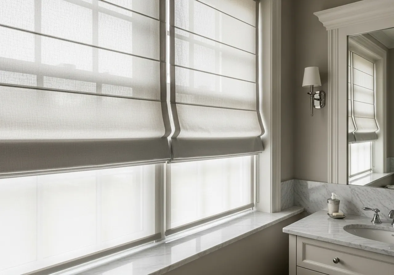 Classic bathroom ideas with roller shades or roman blinds
