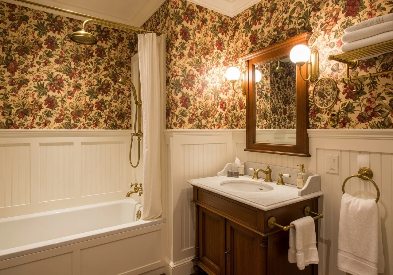 Classic bathroom ideas with Victorian-style wallpaper