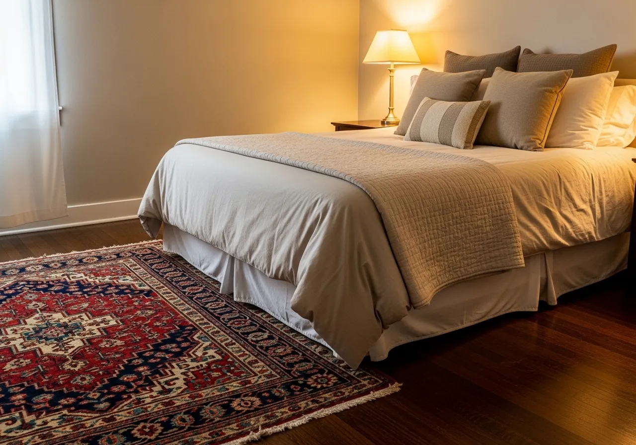 Antique rug enhancing classic bedroom ideas