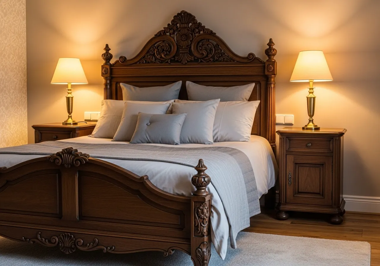 Carved wooden headboard in classic bedroom ideas