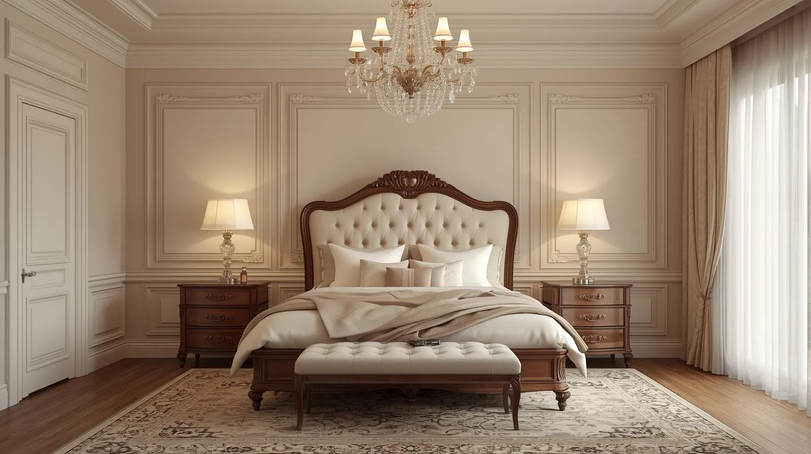Classic bedroom ideas with elegant furniture, neutral colors, and timeless traditional décor
