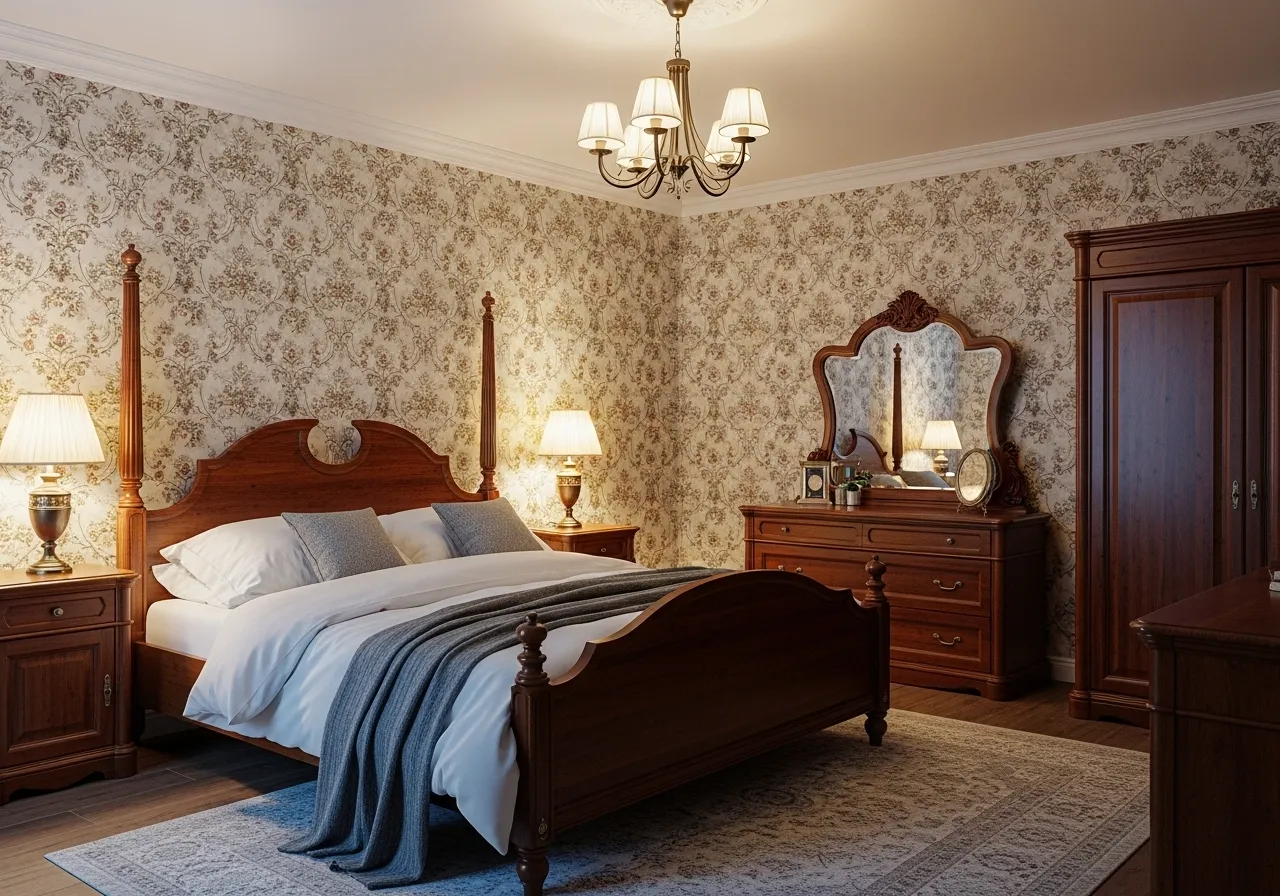 Period wallpaper accent in classic bedroom ideas