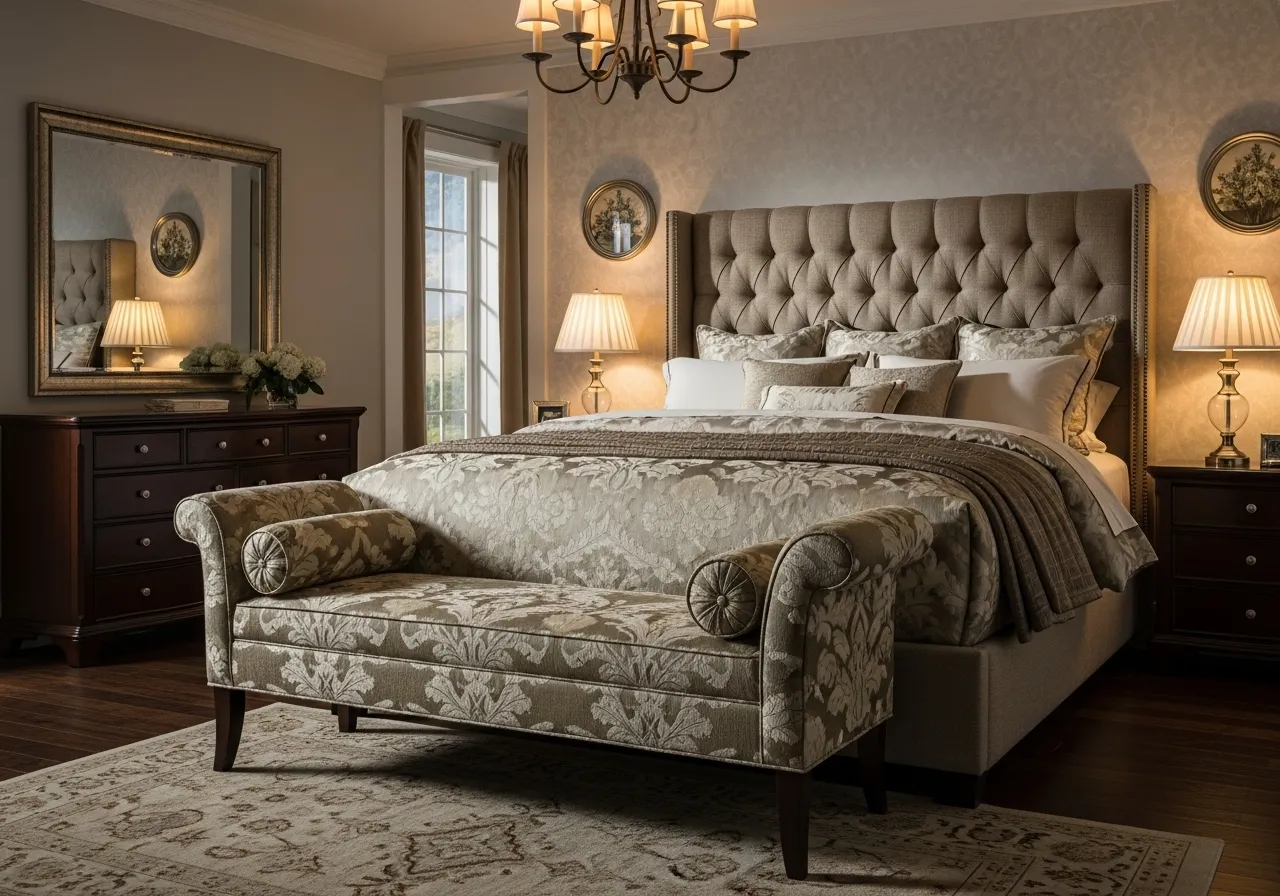 Upholstered bench at foot of bed in classic bedroom ideas