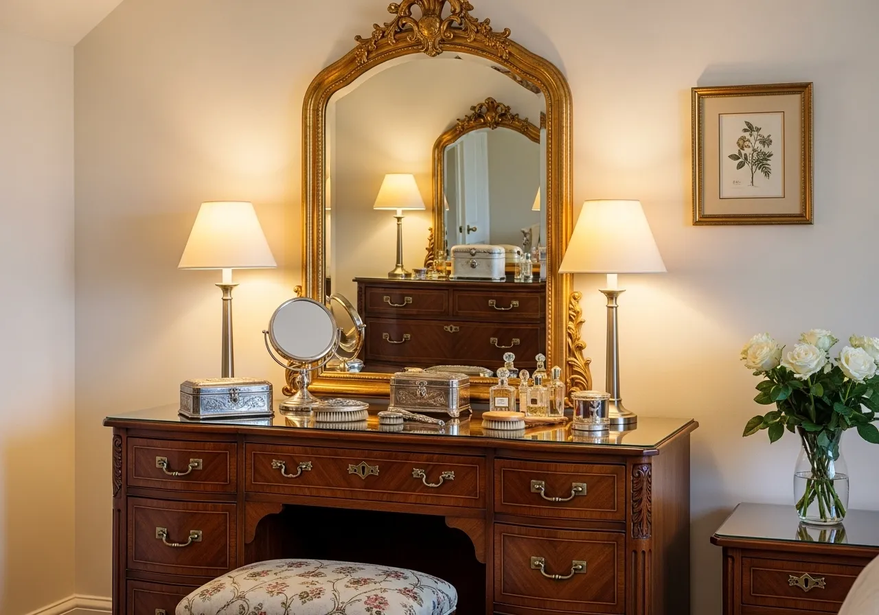 Ornate mirror vanity in classic bedroom ideas