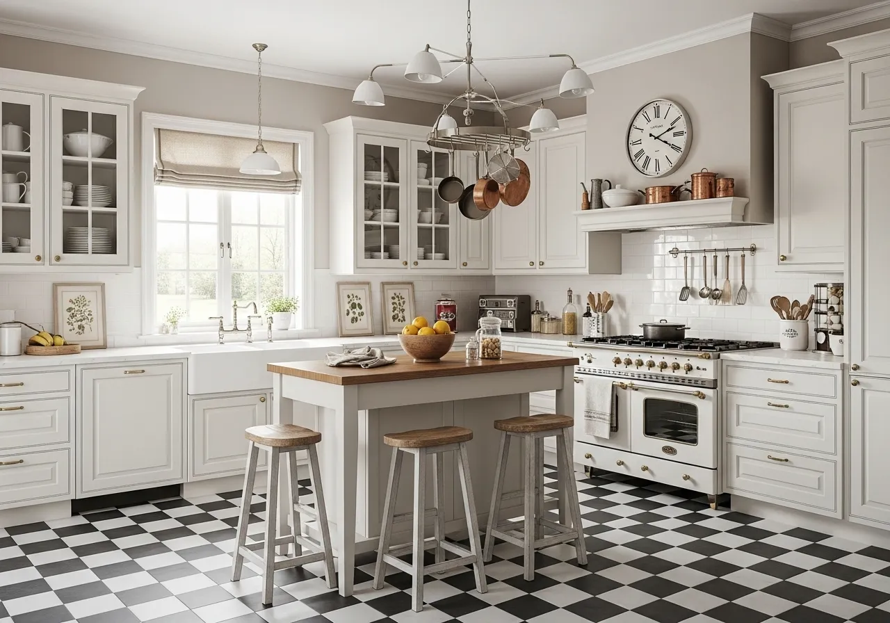 Classic kitchen ideas with black and white checkerboard flooring