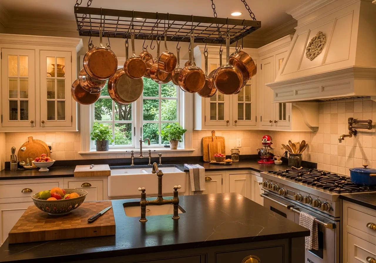Classic kitchen ideas with copper cookware display