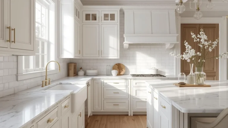 Classic kitchen ideas featuring white shaker cabinets, marble countertops, farmhouse sink, and timeless elegant desig