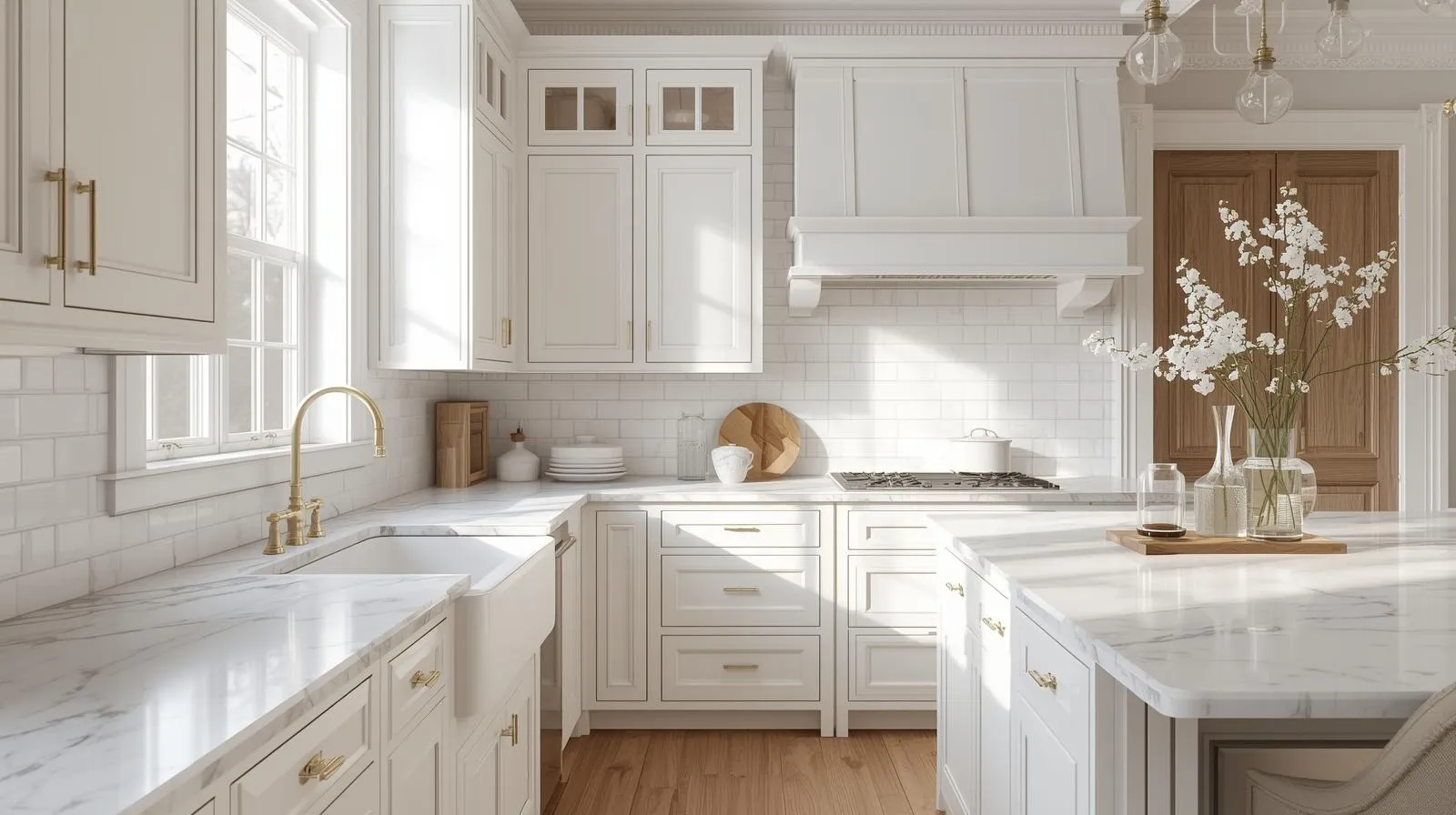 Classic kitchen ideas featuring white shaker cabinets, marble countertops, farmhouse sink, and timeless elegant desig