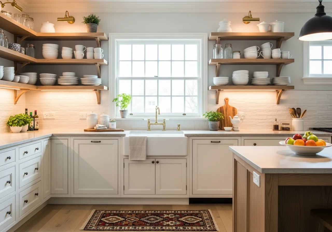 Classic kitchen ideas with open shelving and cozy traditional styling