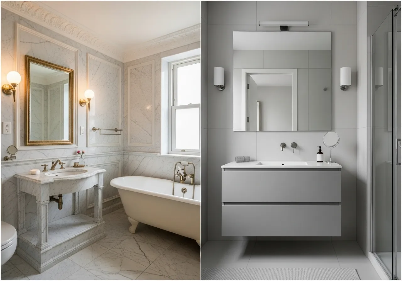 Classic bathroom vs modern bathroom comparison showing timeless traditional design and sleek modern style