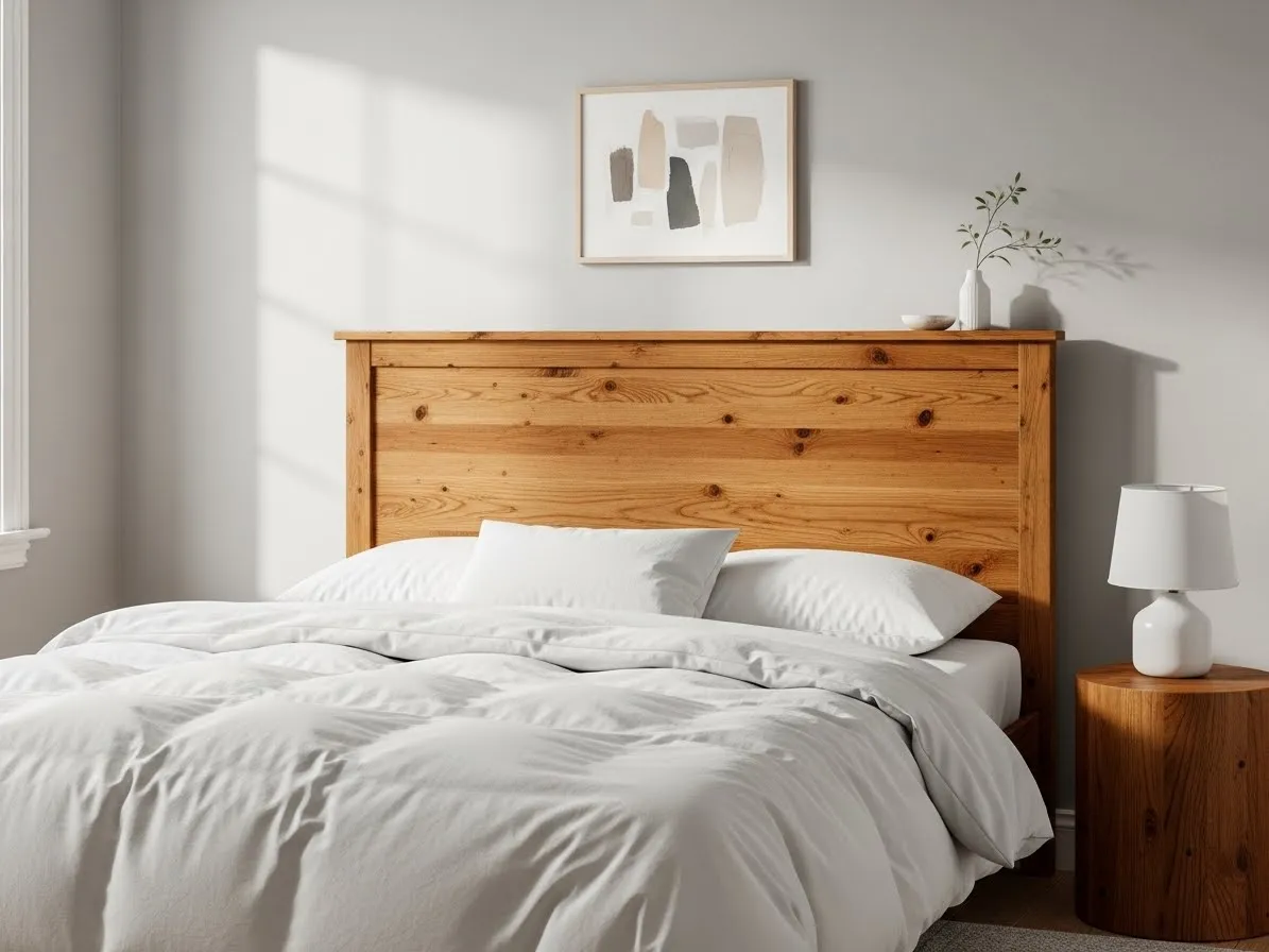 Bedroom with a classic wooden headboard adding warmth and timeless style to the space.
