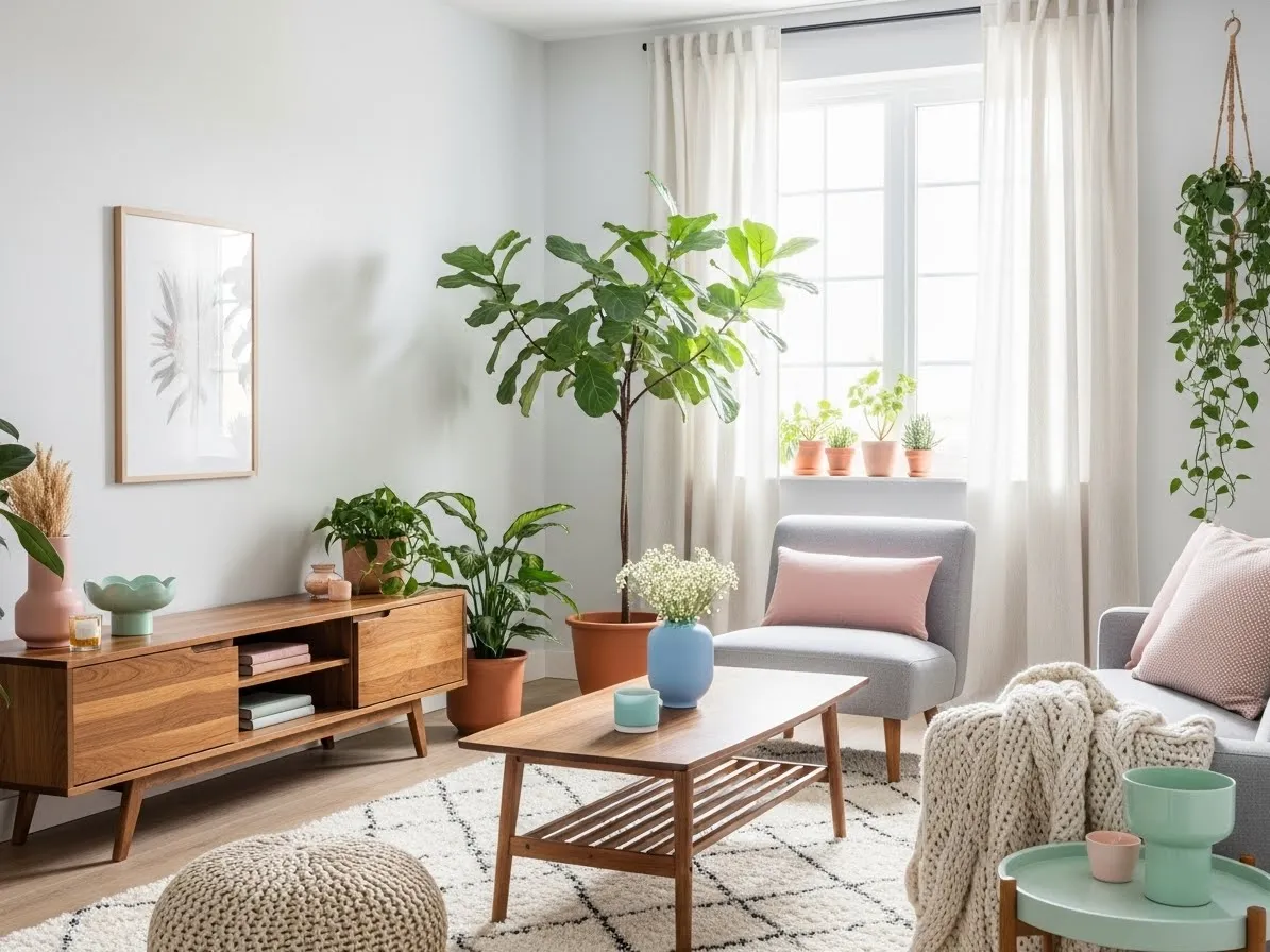 Modern home interior featuring Cloud Dancer walls and soft pastel accents