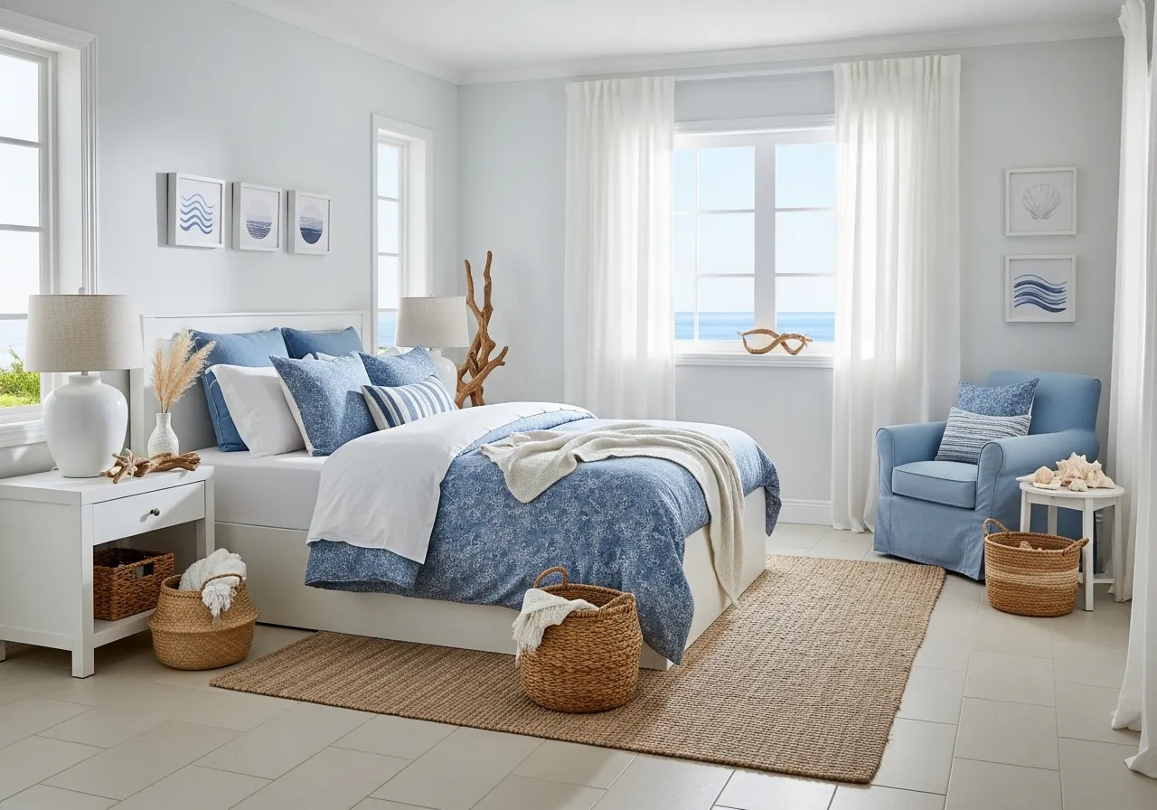 Coastal bedroom-with-tile-floor with light tiles and airy beach decor