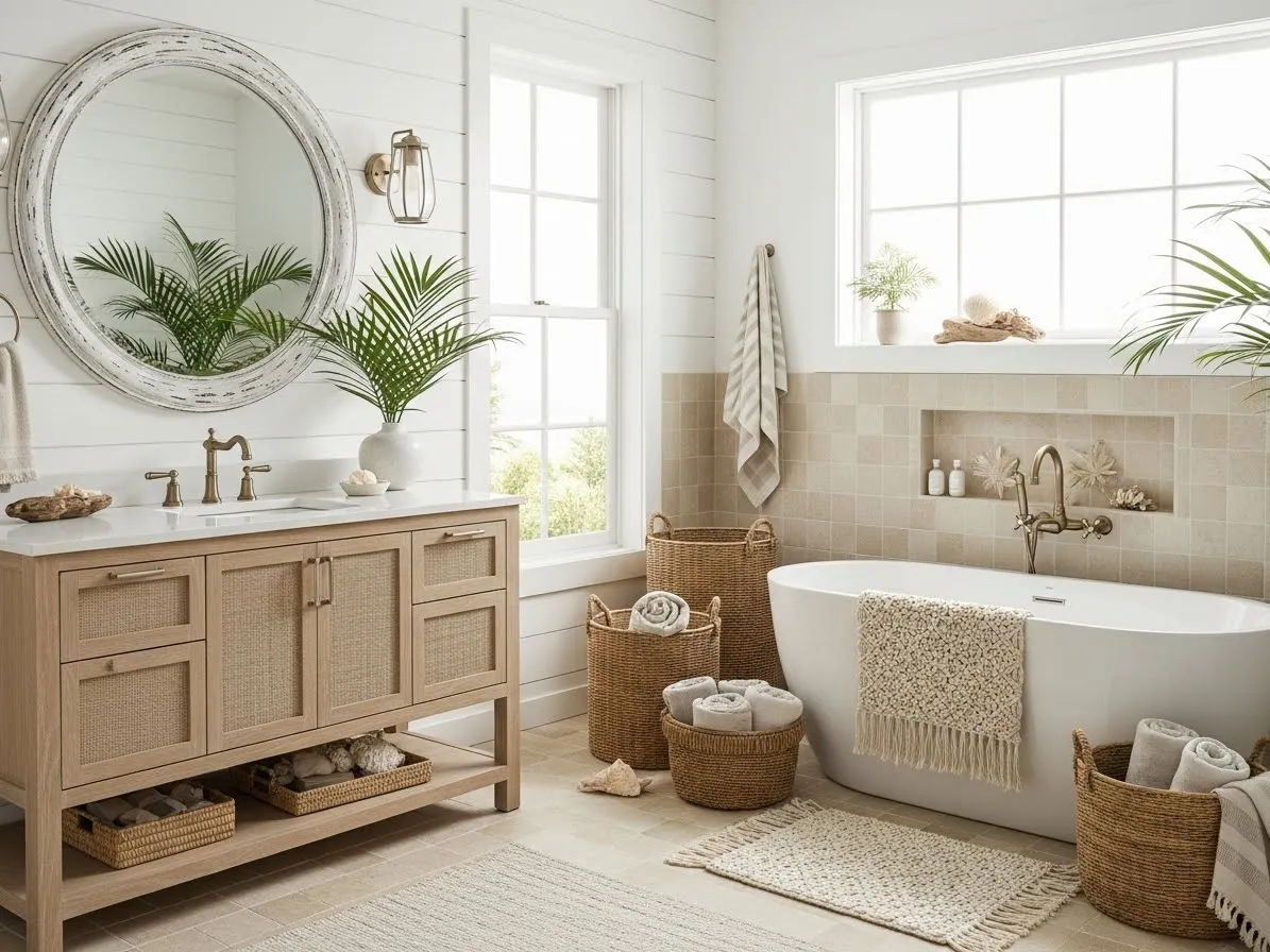 Coastal boho style bathroom with light wood, neutral tones, and airy natural textures