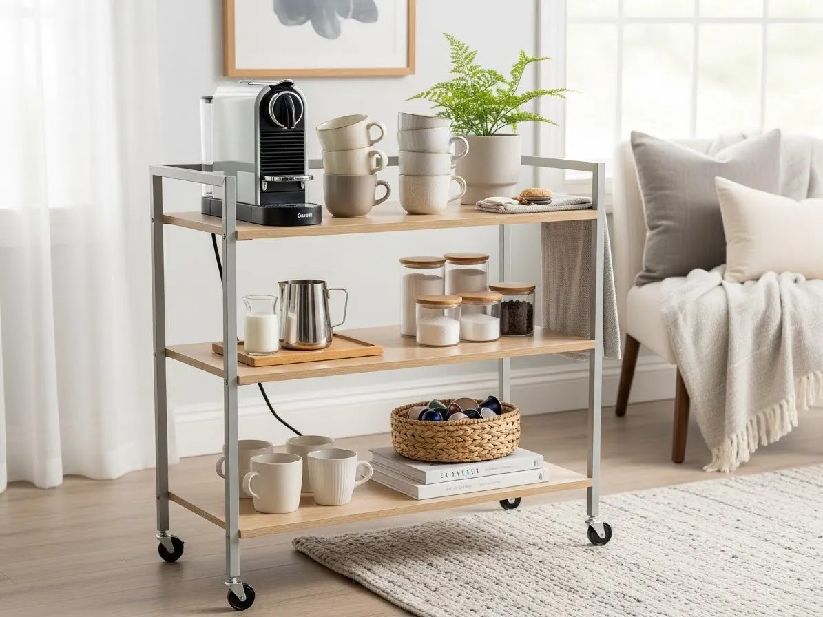 Modern coffee bar cart with mugs and espresso machine styled for small spaces