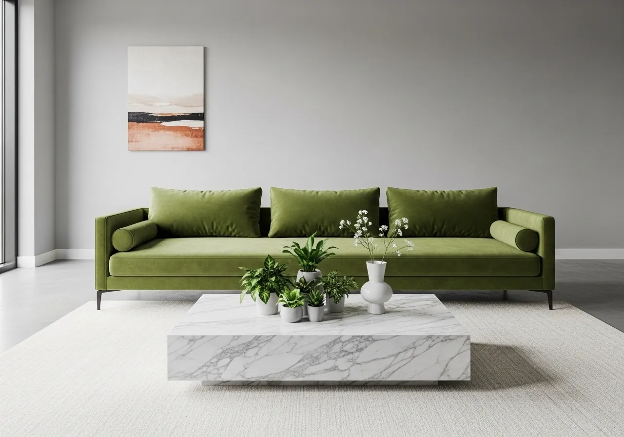 Living-room-with-green-sofa with striking coffee table arrangement