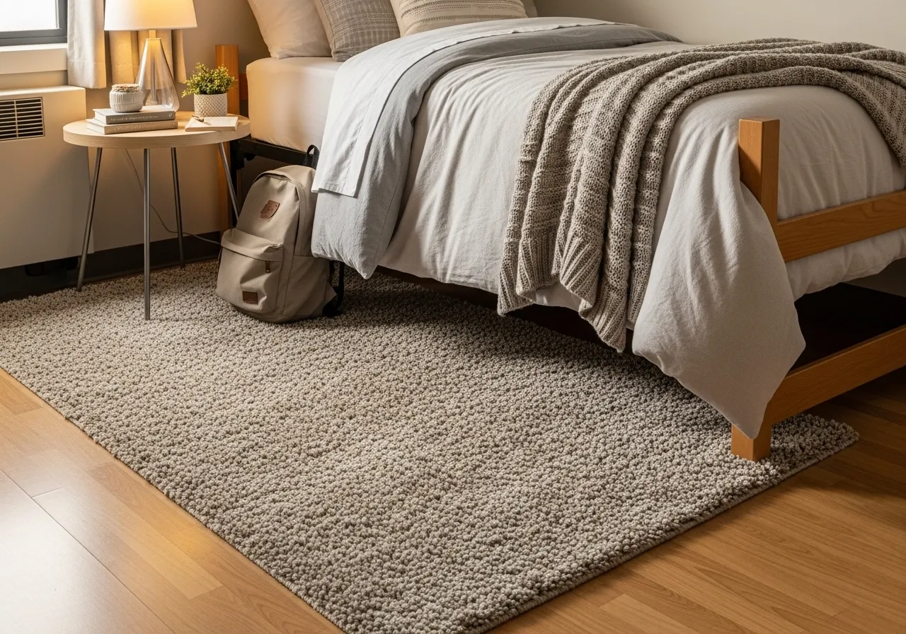College dorm room with area rug adding warmth and comfort