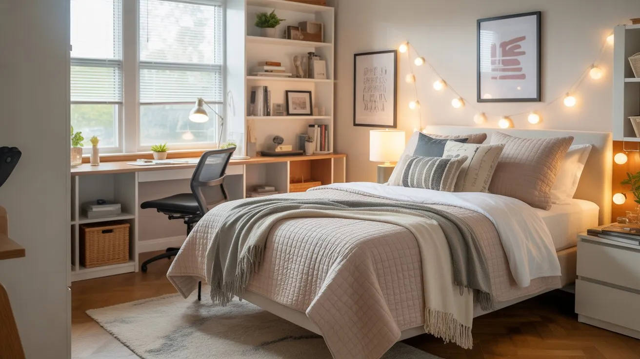 College dorm room with cozy bedding, smart storage, warm lighting, and modern decor ideas