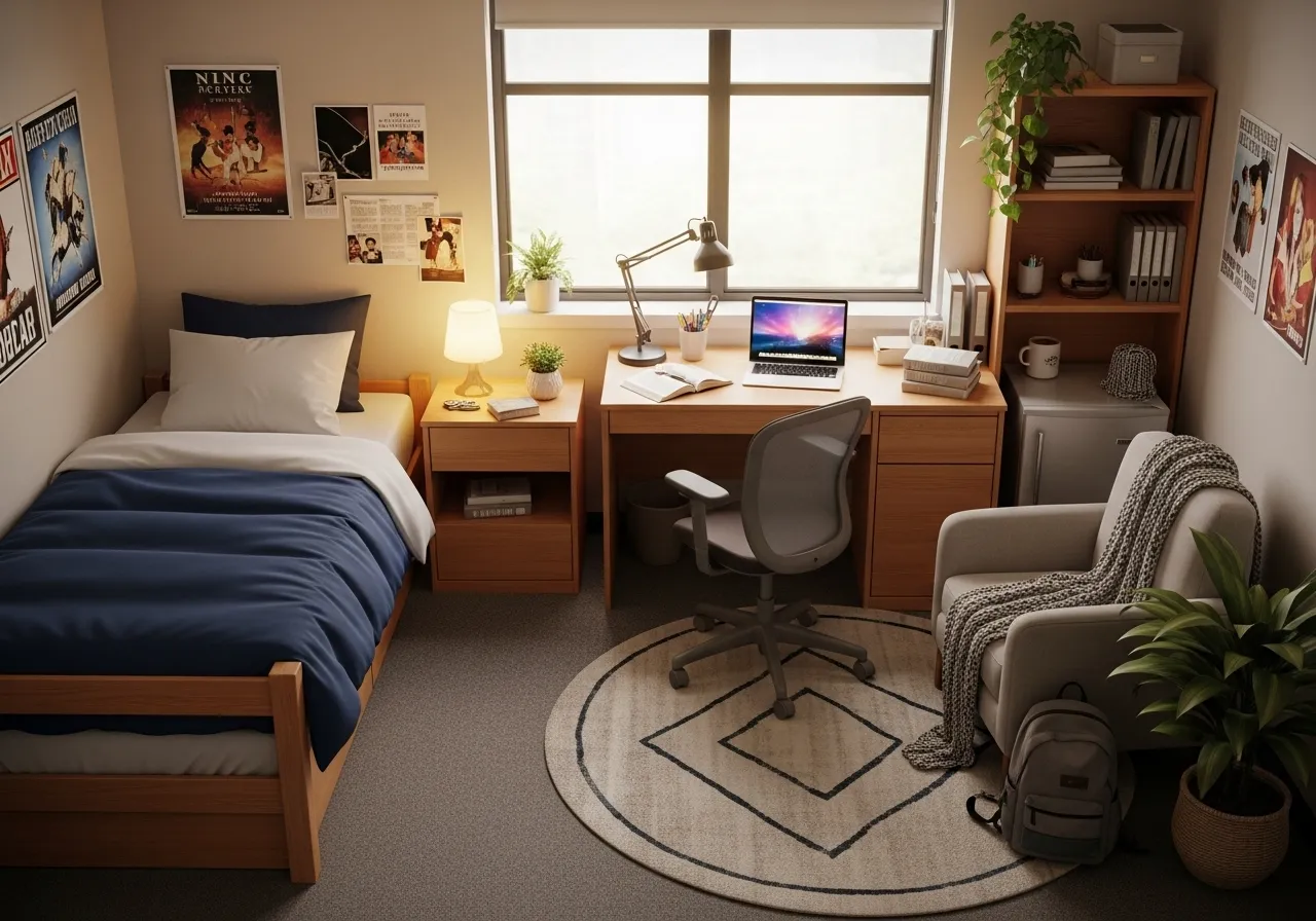 College dorm room layout showing sleeping, study, and relaxation zones in a small space