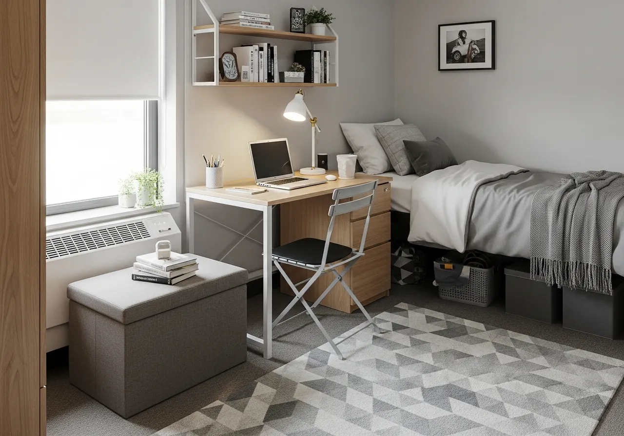College dorm room with multi-functional furniture and space-saving design