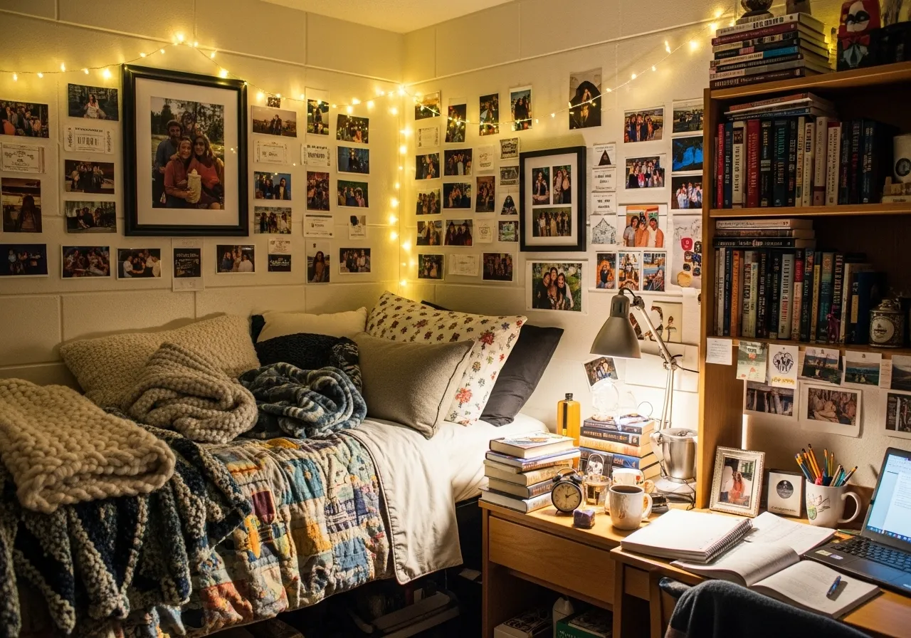 College dorm room with personal decor and cozy home-like feel