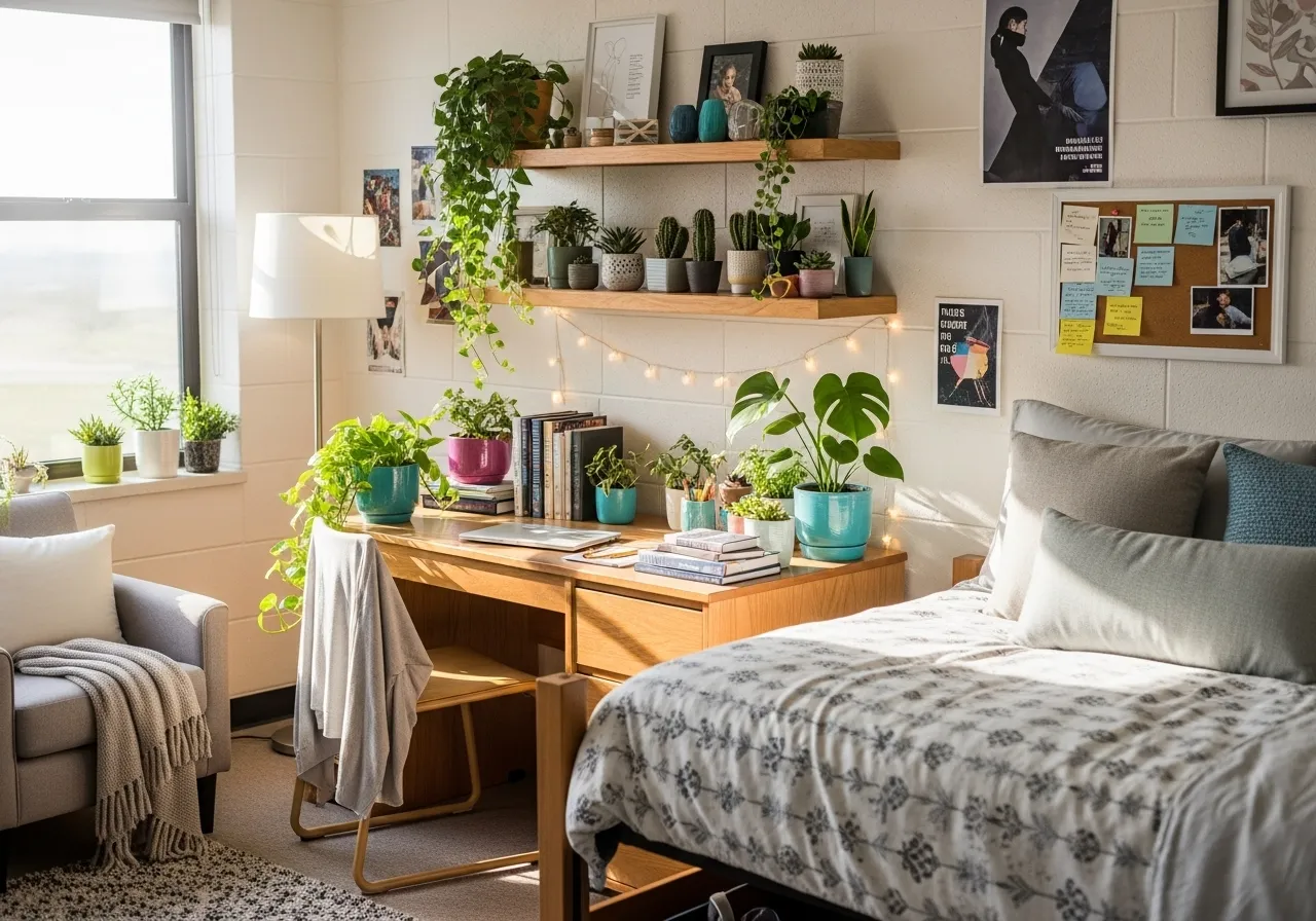 College dorm room decor with indoor plants and greenery