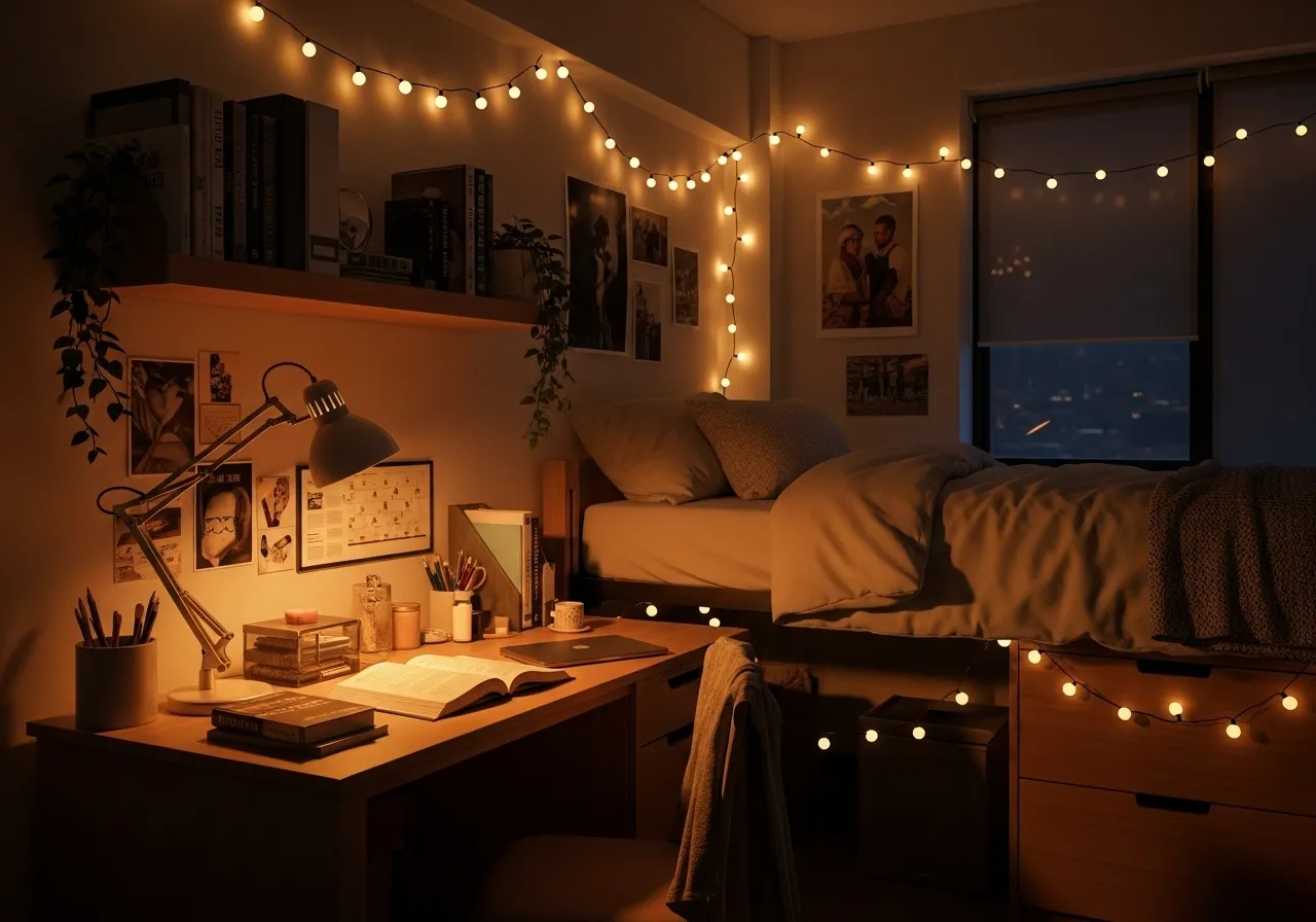 College dorm room lighting with string lights and desk lamp for cozy ambiance